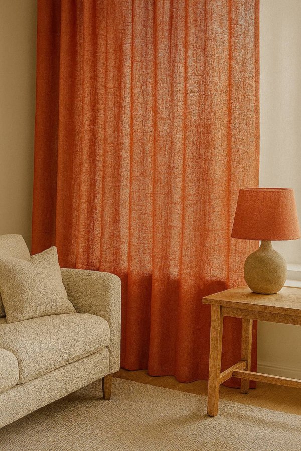 Inbetween gordijnen van 100% linnen in terra, warm en sfeervol toegepast in een interieur met aardetinten.
