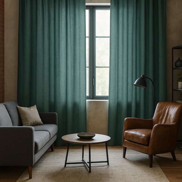 Sfeerimpressie van petrolkleurige gordijnen uit de Florain collectie in een industrieel interieur.