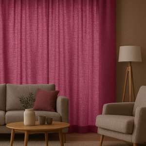 Sfeerimpressie van aubergine inbetween gordijnen uit de Saphira-lijn, op maat gemaakt voor een stijlvol interieur met diepte en elegantie.