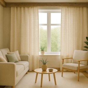 Sfeerimpressie van ivoren inbetween gordijnen uit de Saphira-collectie in een Scandinavisch interieur met lichte houttinten en een minimalistische, natuurlijke uitstraling.