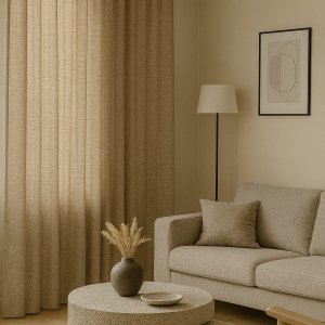 Sfeerimpressie van softtaupe gordijnen uit de Florain collectie in een modern interieur