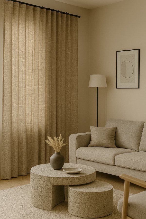 Sfeerimpressie van softtaupe gordijnen uit de Florain collectie in een modern interieur