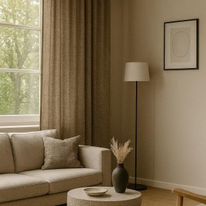 Sfeerimpressie van taupekleurige gordijnen uit de Florain collectie in een modern interieur met strakke lijnen en neutrale tinten.