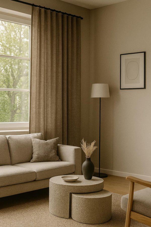 Sfeerimpressie van taupekleurige gordijnen uit de Florain collectie in een modern interieur met strakke lijnen en neutrale tinten.