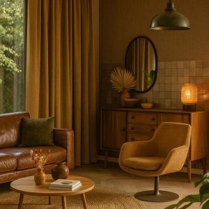 Goudgele velvet gordijnen uit de renoir-collectie in een Sfeerimpressie in retro interieursetting met vintage meubels, ronde vormen en warme kleuraccenten.