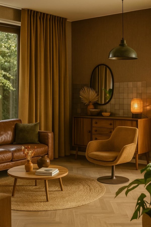 Goudgele velvet gordijnen uit de renoir-collectie in een Sfeerimpressie in retro interieursetting met vintage meubels, ronde vormen en warme kleuraccenten.