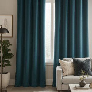 Petrolkleurige velvet gordijnen uit de Renoir-collectie, modern opgehangen met ringen in een strak interieur met diepe tinten. Sfeerimpressie in interieursetting