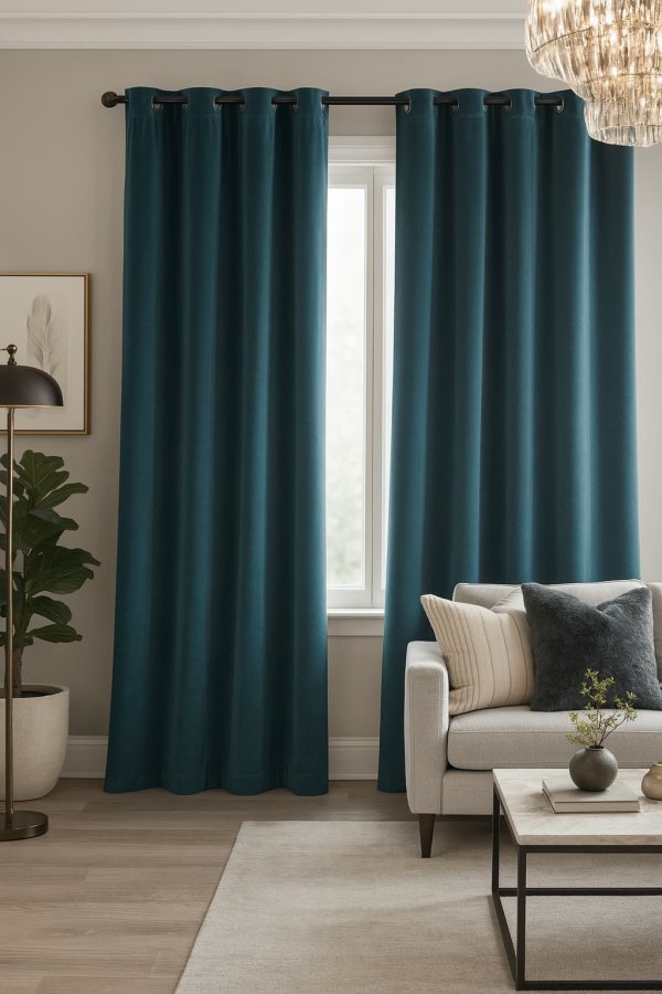 Petrolkleurige velvet gordijnen uit de Renoir-collectie, modern opgehangen met ringen in een strak interieur met diepe tinten. Sfeerimpressie in interieursetting