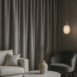 Sfeerimpressie van grijze velvet gordijnen uit de Renoir-collectie in een luxe, modern interieur met warme tinten en sfeervolle lichtinval.