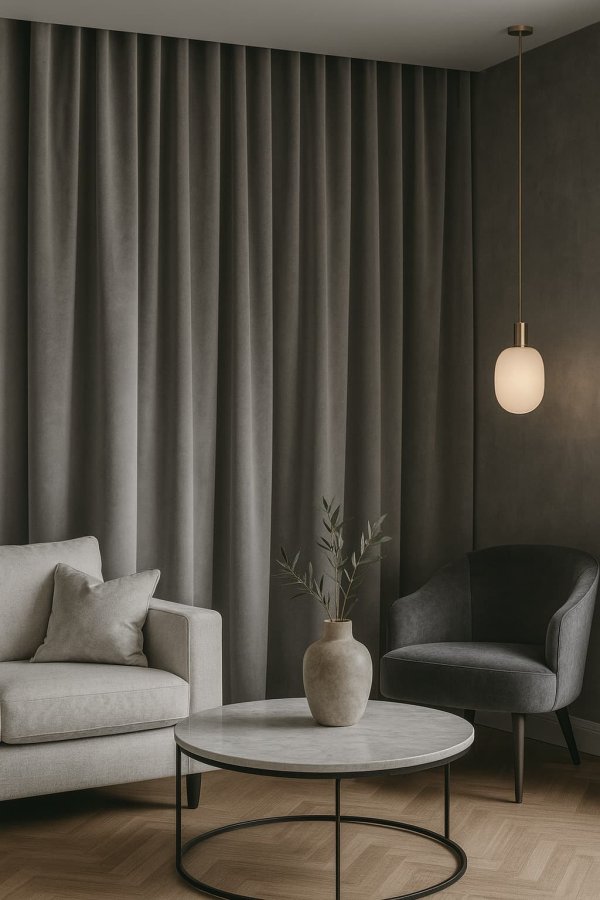 Sfeerimpressie van grijze velvet gordijnen uit de Renoir-collectie in een luxe, modern interieur met warme tinten en sfeervolle lichtinval.