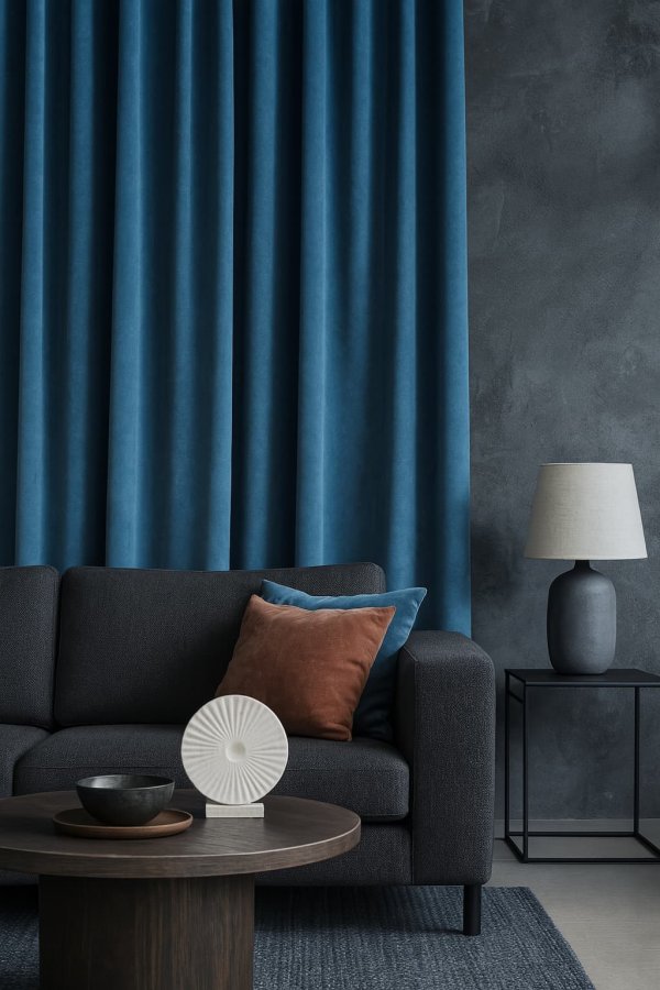 Grijsblauwe velvet gordijnen uit de Renoir-collectie in een industrieel interieur met betonlook en donkere accenten. sfeerimpressie