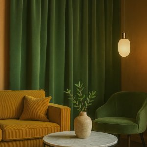Groene velvet gordijnen uit de Renoir-collectie in een retro interieur met vintage meubels, warme houttinten en speelse accenten. een sfeerimpressie