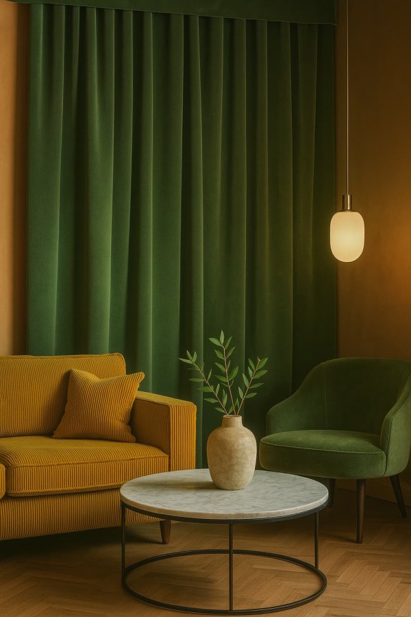 Groene velvet gordijnen uit de Renoir-collectie in een retro interieur met vintage meubels, warme houttinten en speelse accenten. een sfeerimpressie