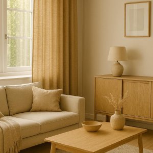 sfeerimpressie van zandkleurige gordijnen uit de Florain collectie in een landelijk interieur