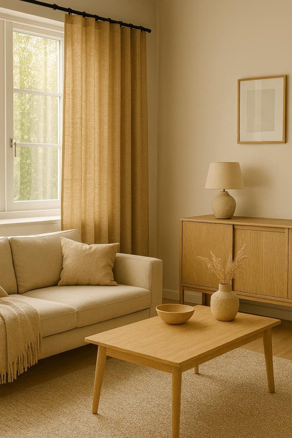 sfeerimpressie van zandkleurige gordijnen uit de Florain collectie in een landelijk interieur