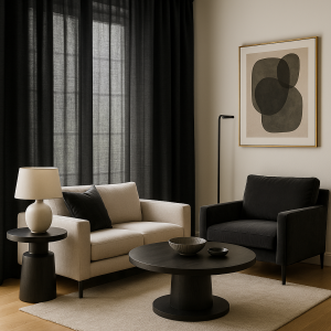Sfeerimpressie van zwarte gordijnen uit de Florain collectie in een modern interieur.