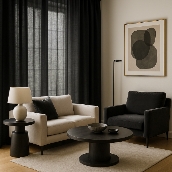 Sfeerimpressie van zwarte gordijnen uit de Florain collectie in een modern interieur.