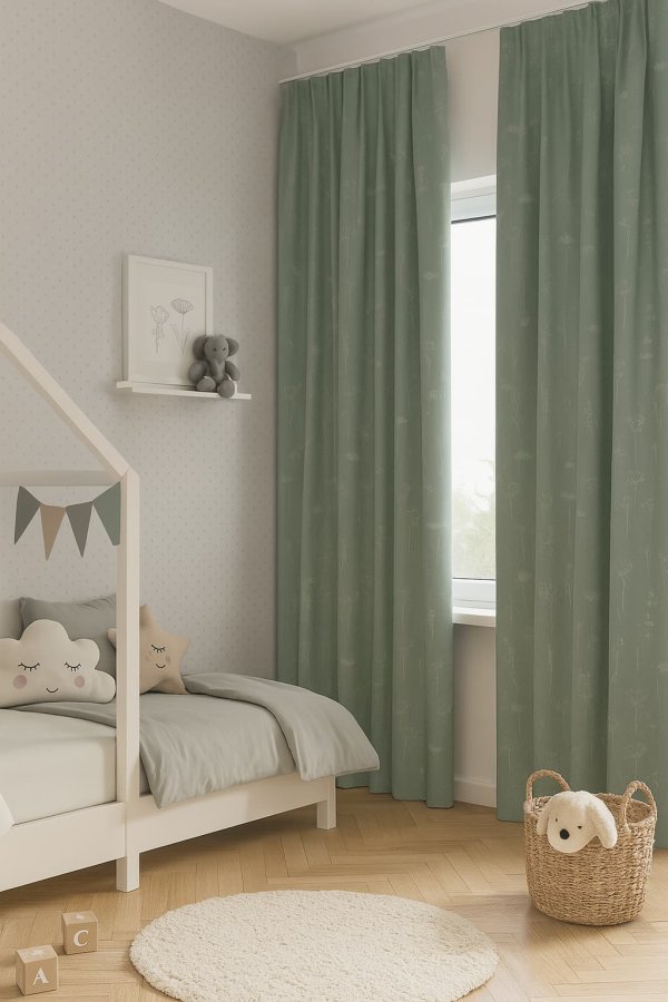 Sfeerfoto van kinderkamer met groene bloemen gordijnen, vrolijke bloemen print van blossom flora groen