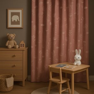 Sfeerfoto van kinderkamer met roze bloemen gordijnen uit de Blossom Flora collectie