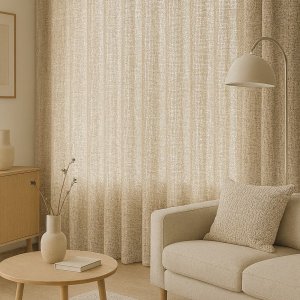 Sfeerbeeld van beige inbetween gordijnen met metallic glans in een interieursetting, soepel vallend en lichtdoorlatend bij daglicht.