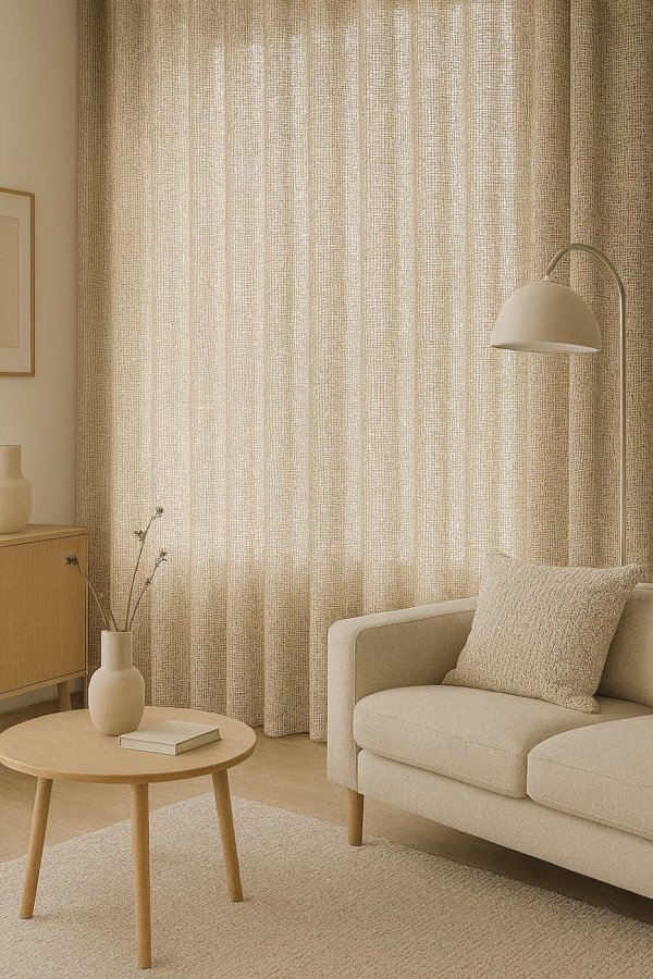 Sfeerbeeld van beige inbetween gordijnen met metallic glans in een interieursetting, soepel vallend en lichtdoorlatend bij daglicht.