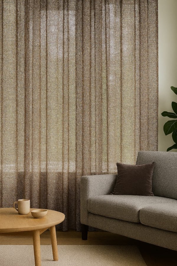 Inbetween gordijnen met metallic glans en fijne bronzen draad in een modern interieur, soepel vallend en lichtdoorlatend voor het raam.