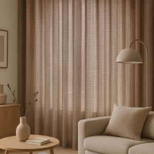 Interieursetting met inbetween gordijnen in taupe met subtiele metallic glans en taupe draad, zacht gefilterd daglicht en luxe waveplooi.