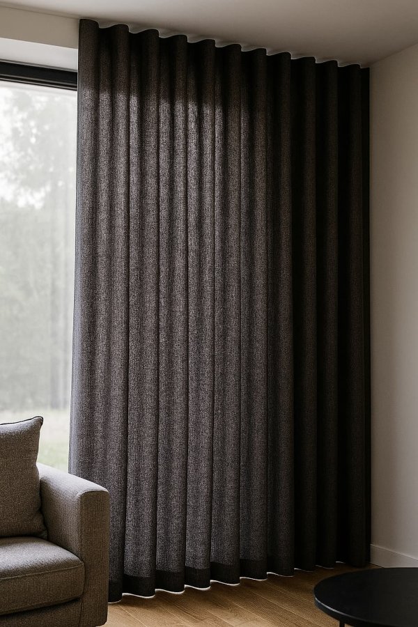 Donkerblauwe linnen-lurex gordijnen, nagebootst opgehangen in een modern interieur met diepe kleuren en subtiele glans.