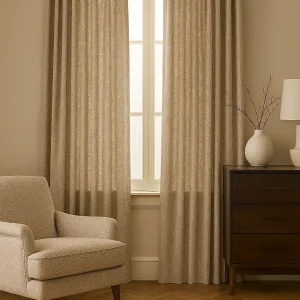 Linnen gordijnen in het taupe, interieursetting voor een sfeerbeeld van de gordijn stof linnen naturel taupe