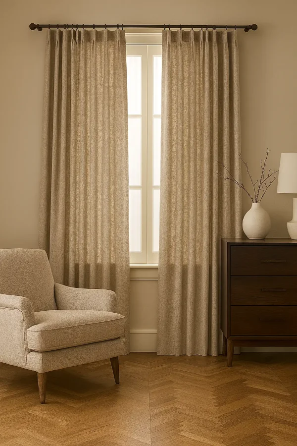 Linnen gordijnen in het taupe, interieursetting voor een sfeerbeeld van de gordijn stof linnen naturel taupe