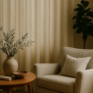 Witte linnen gordijnen in een interieur setting met zachte lichtinval. linnen naturel wit