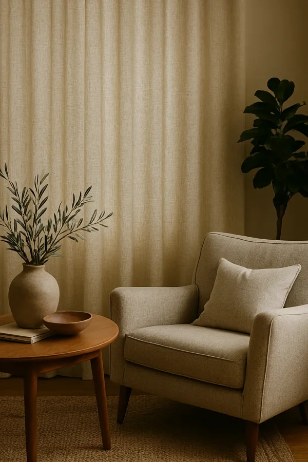 Witte linnen gordijnen in een interieur setting met zachte lichtinval. linnen naturel wit