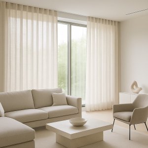 Offwhite inbetween gordijnen uit de Norena-collectie in een licht en modern interieur een sfeerimpressie
