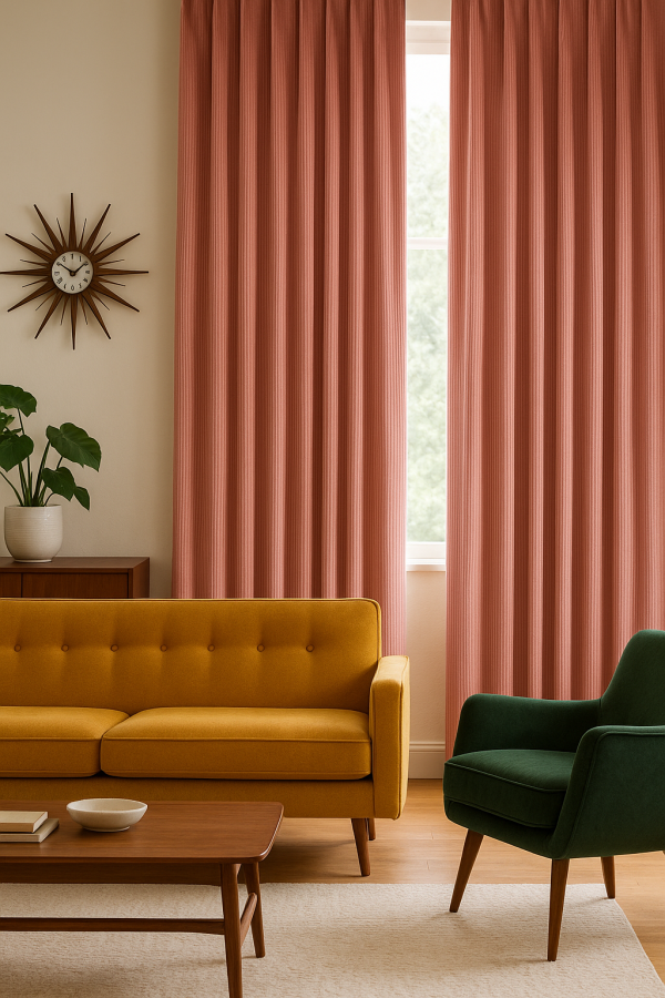 Sfeerimpressie van oudroze gordijnen in een retro interieur met vintage meubels en warme kleuraccenten.