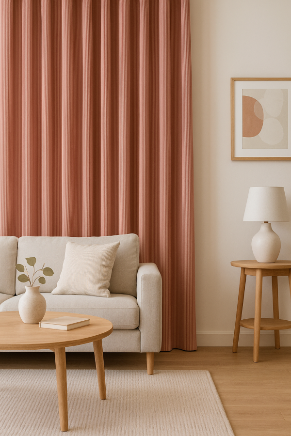 Sfeerimpressie van oudroze gordijnen in een Scandinavisch interieur met lichte tinten en natuurlijke materialen.