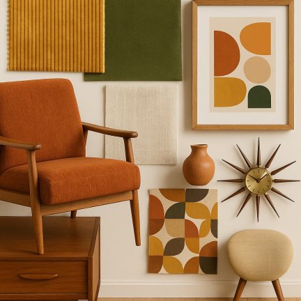 Retro-interieur-inspiratie-moodboard-okika (1) Moodboard met retro okergeel interieurinspiratie in warme kleuren, met vintage accenten en gordijnideeën van Okika.