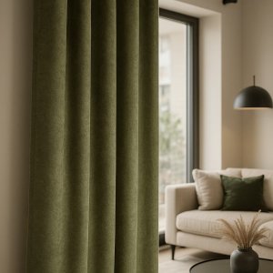 Retrogroene velvet gordijnen uit de Noir-collectie, luxe afgewerkt met ringen in een modern interieur met rijke materialen en strakke vormen. Sfeerimpressie in interieursetting