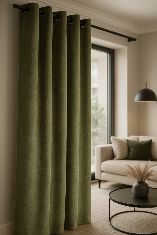 Retrogroene velvet gordijnen uit de Noir-collectie, luxe afgewerkt met ringen in een modern interieur met rijke materialen en strakke vormen. Sfeerimpressie in interieursetting