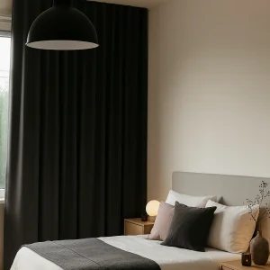Verduisterend gordijn in antracietkleurige Calm Shade-stof, stijlvol toegepast in een moderne slaapkamer met rustige sfeer.