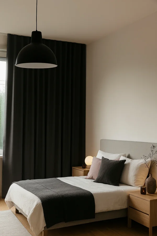 Verduisterend gordijn in antracietkleurige Calm Shade-stof, stijlvol toegepast in een moderne slaapkamer met rustige sfeer.