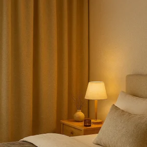 Beige verduisterend gordijn in Calm Shade-stof, sfeervol toegepast in een donkere slaapkamer met warme, rustgevende uitstraling.
