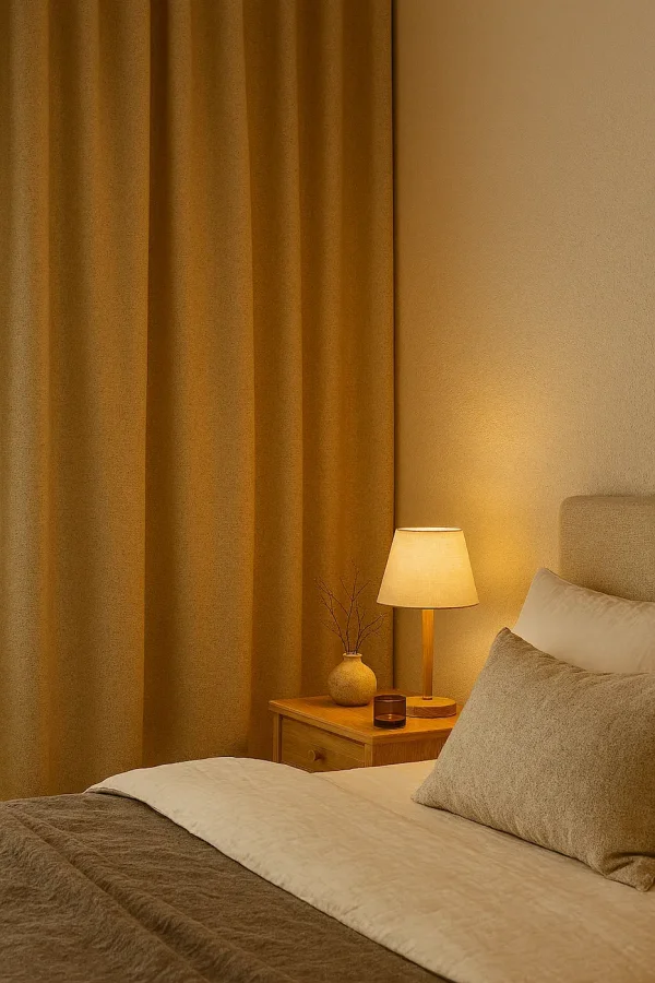 Beige verduisterend gordijn in Calm Shade-stof, sfeervol toegepast in een donkere slaapkamer met warme, rustgevende uitstraling.