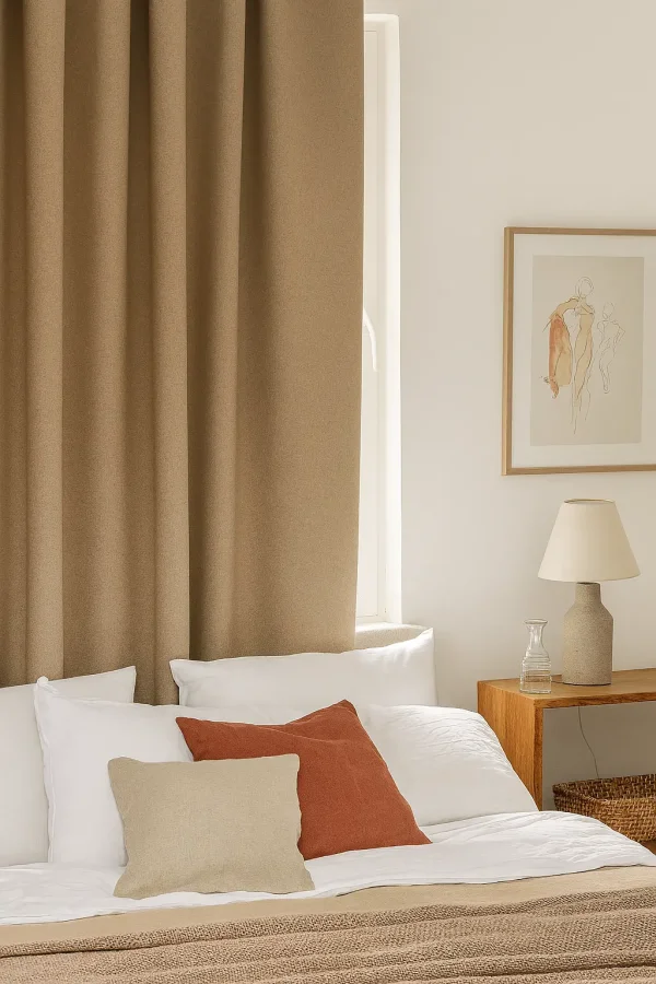 Verduisterend gordijn in zandkleurige Calm Shade-stof, elegant opgehangen in een rustgevend interieur met natuurlijke tinten.