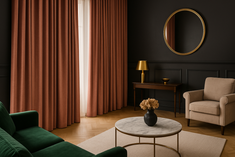 Sfeerimpressie van oudroze fluwelen gordijnen in een hotel chique interieur met luxe materialen en warme accenten