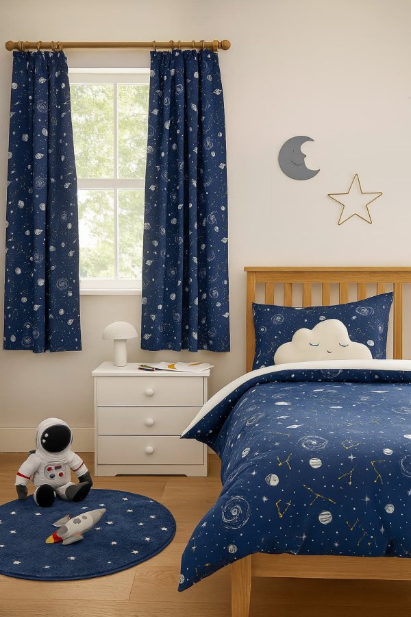 Sfeerfoto van glow in the dark planeten gordijnen voor stoere jongens kamer