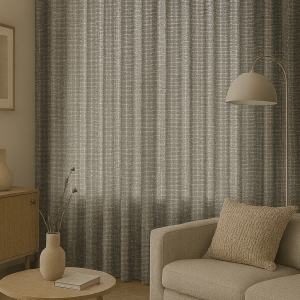 Inbetween gordijnen met metallic glans en subtiele zwarte draad negebootst in een modern interieur, stijlvol geplooid voor het raam met natuurlijke lichtinval.