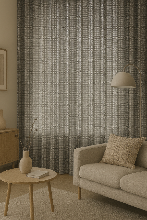 Inbetween gordijnen met metallic glans en subtiele zwarte draad negebootst in een modern interieur, stijlvol geplooid voor het raam met natuurlijke lichtinval.