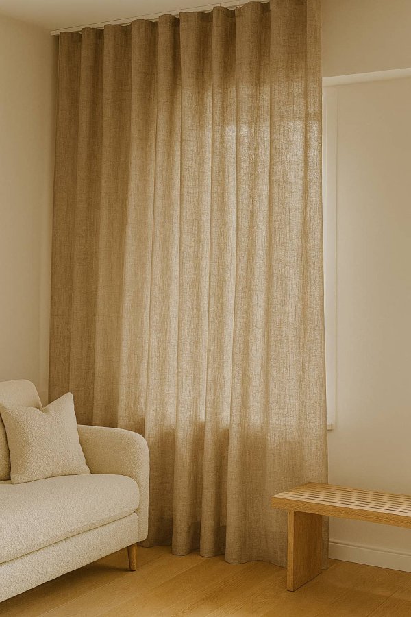 Inbetween gordijnen van 100% linnen in zandkleur, luchtig opgehangen in een interieur met warme, natuurlijke tinten.