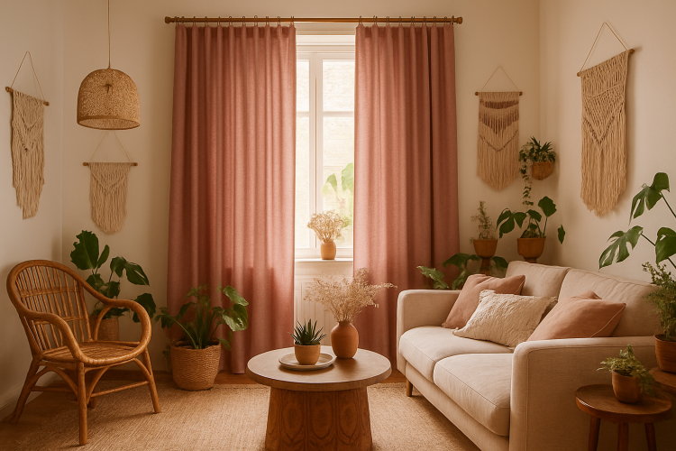 Oudroze gordijnen als inspiratie in een bohemian interieur met natuurlijke materialen en warme styling.