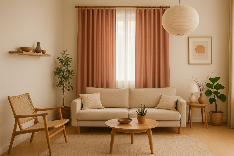 Oudroze gordijnen als sfeerimpressie in een Japandi interieur met rustige kleuren en minimalistische vormgeving.